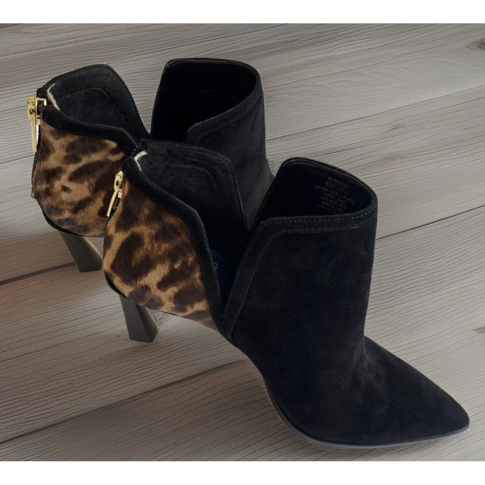 Vince Camuto Black Suede Leopard Calf Hair Pointed Toe Ankle Boot Sz 8M